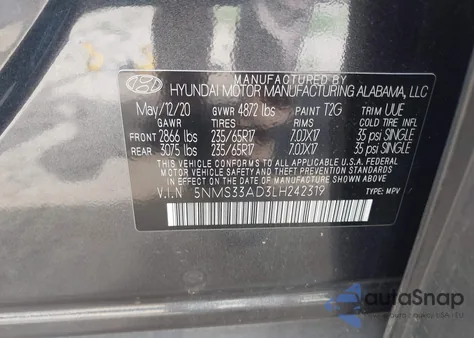 2020 Hyundai Santa Fe Sel из США, поврежденный, VIN 5NMS33AD3LH242319